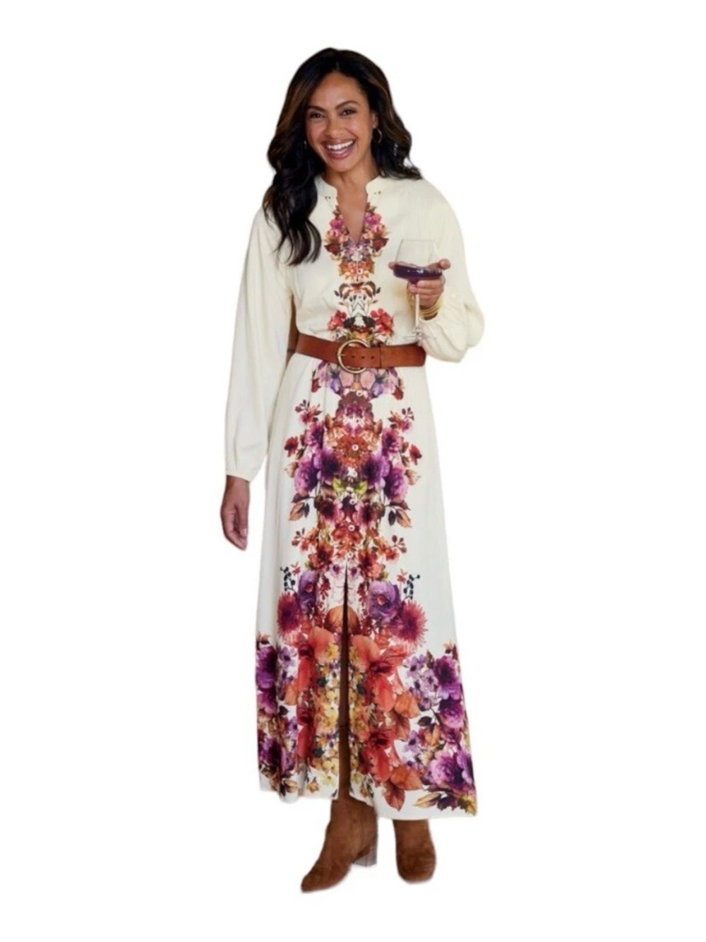 Soft Surroundings Paulette Cream Button Front Maxi Dress w/Vibrant Floral Print